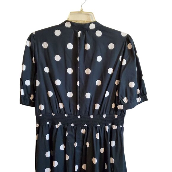 Black and White Polka Dot Flowy Button Up Short Sleeve Dress with Pockets Large - Picture 5 of 16